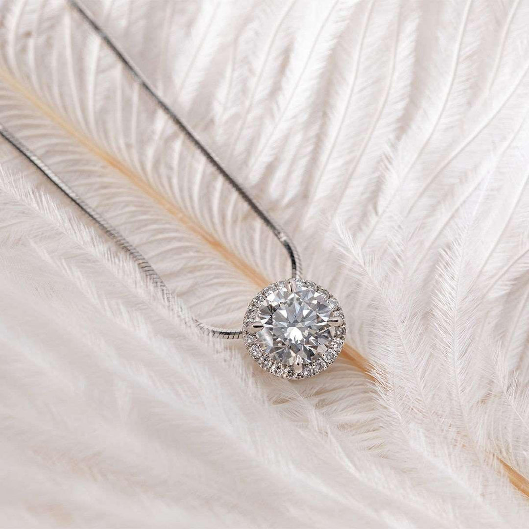 Platinum Round Brilliant Cut Lab Diamond Halo Setting Necklace - FIORESE JEWELRY