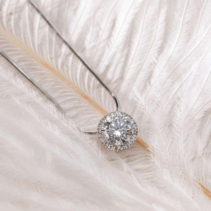 Platinum Round Brilliant Cut Lab Diamond Halo Setting Necklace - FIORESE JEWELRY