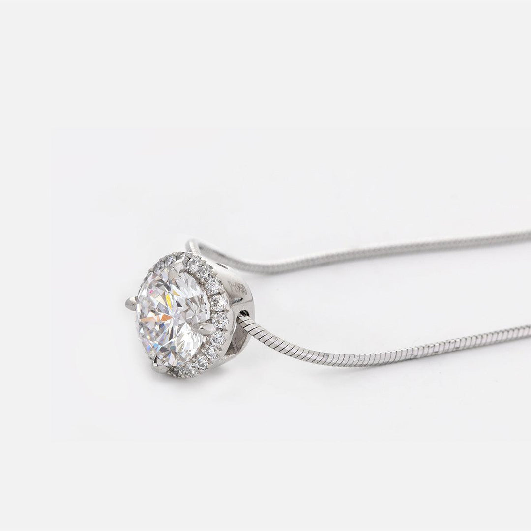 Platinum Round Brilliant Cut Lab Diamond Halo Setting Necklace - FIORESE JEWELRY