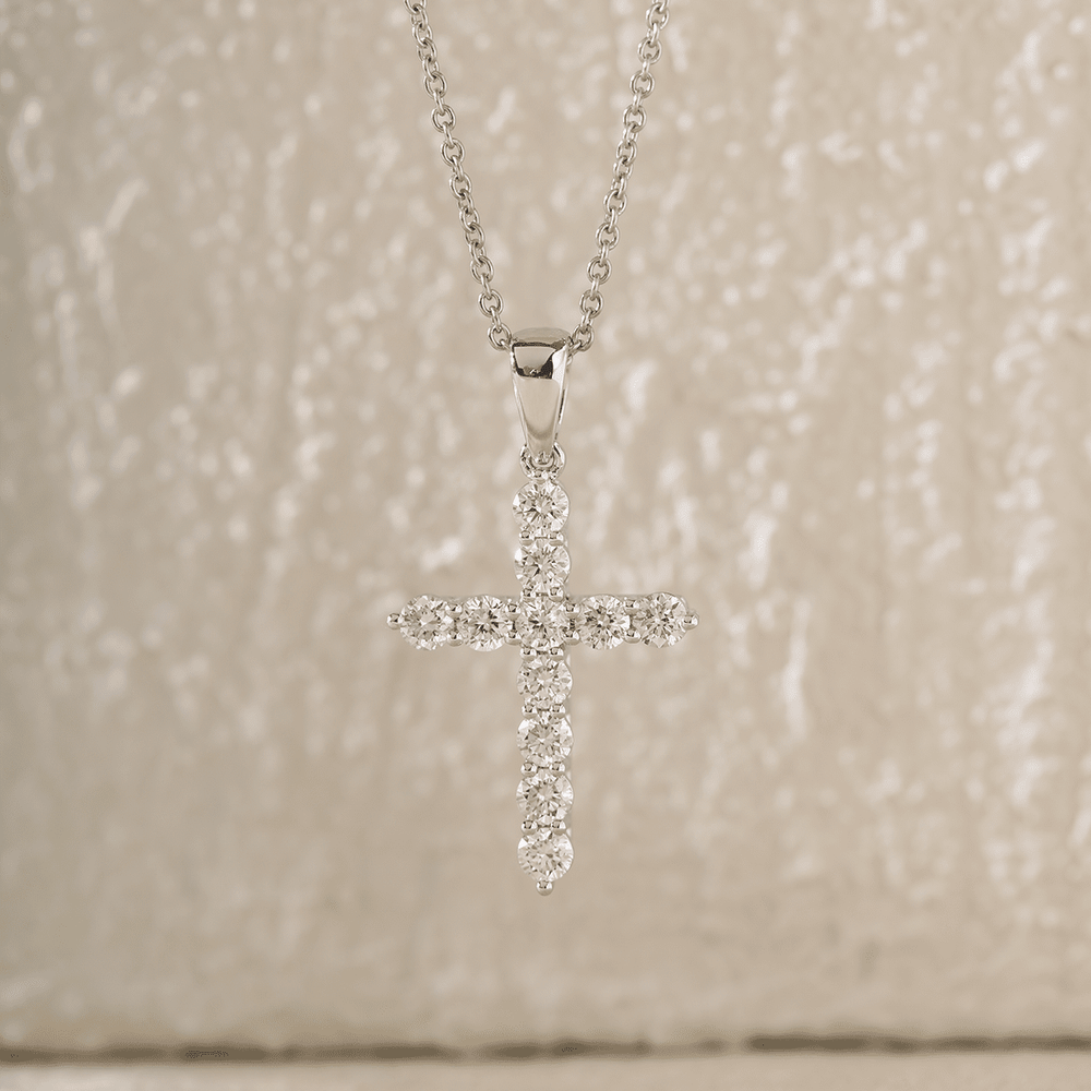 Platinum Round Lab Diamond Cross Pendant Necklace - FIORESE JEWELRY