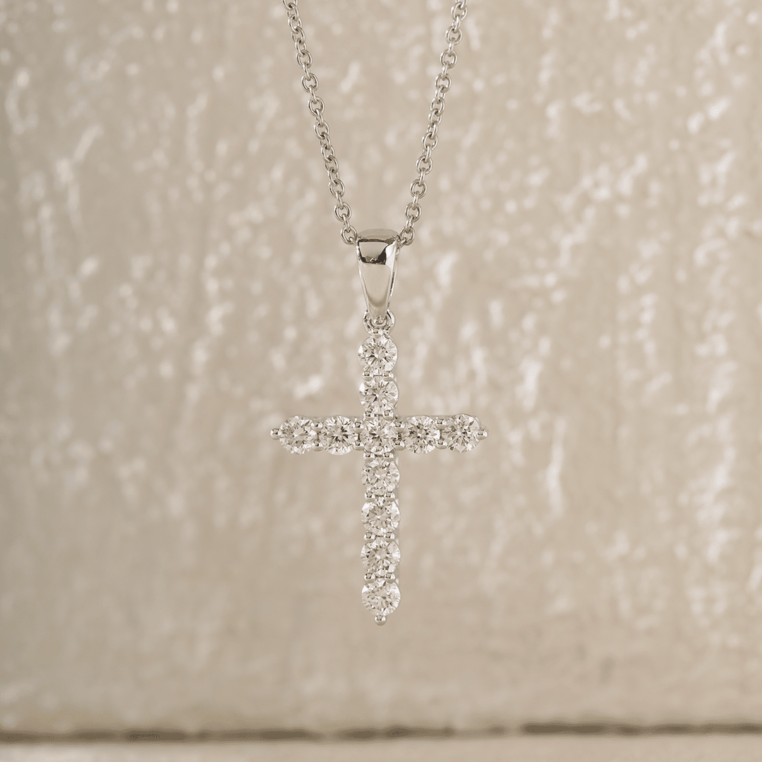 Platinum Round Lab Diamond Cross Pendant Necklace - FIORESE JEWELRY