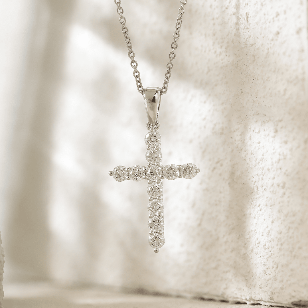 Platinum Round Lab Diamond Cross Pendant Necklace - FIORESE JEWELRY