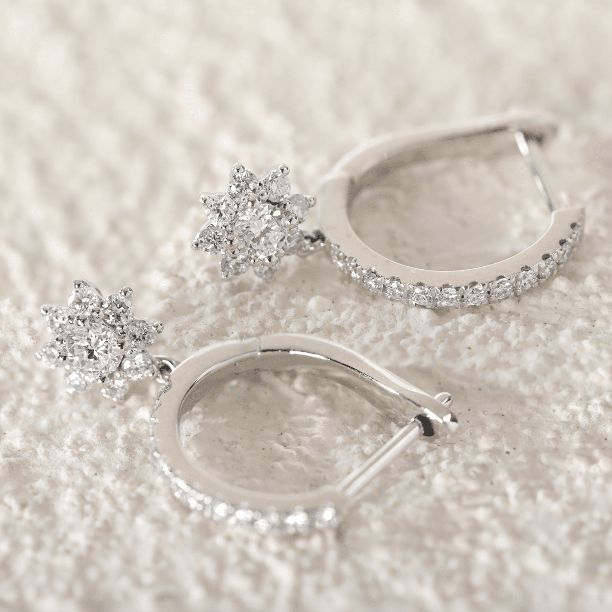 Platinum Round Lab Diamond Floral Hoop Earrings