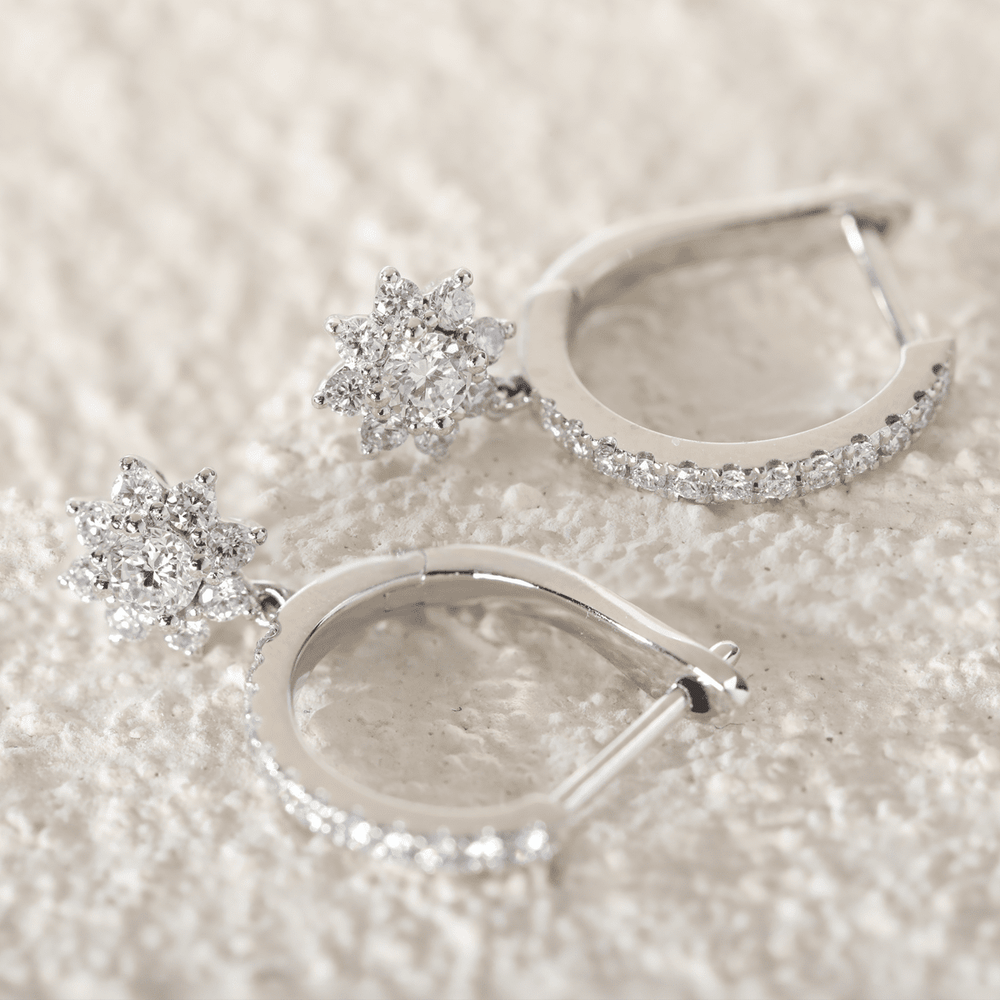Platinum Round Lab Diamond Floral Hoop Earrings - FIORESE JEWELRY