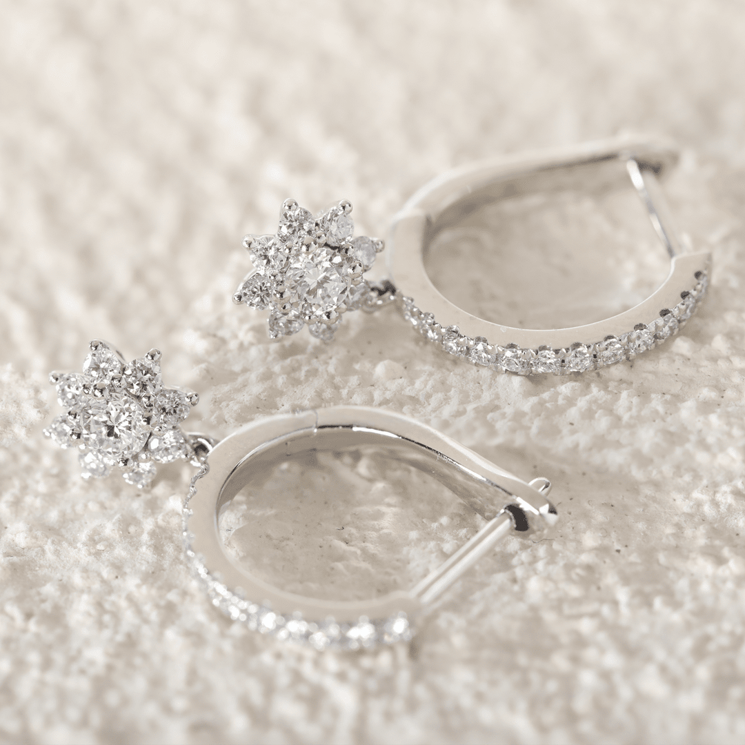 Platinum Round Lab Diamond Floral Hoop Earrings - FIORESE JEWELRY