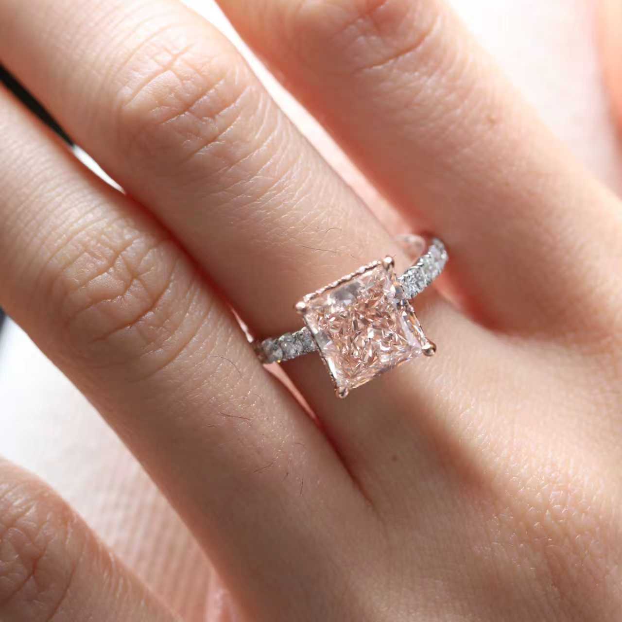 Princess Brilliant Cut Pink Lab Diamond Pave Band Ring with Hidden