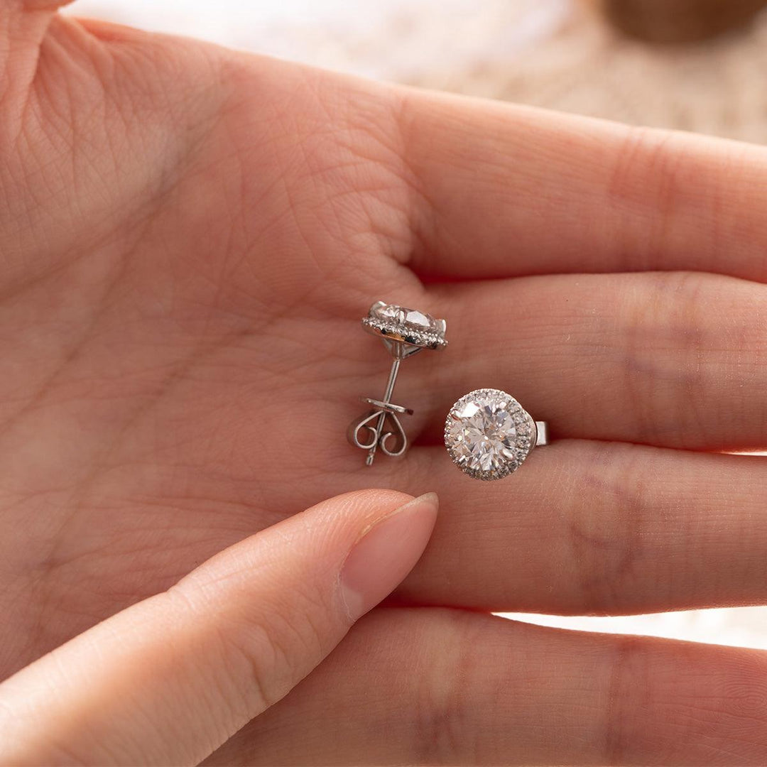 Pt950 Round Brilliant Cut Diamond Halo Stud Earrings - FIORESE JEWELRY