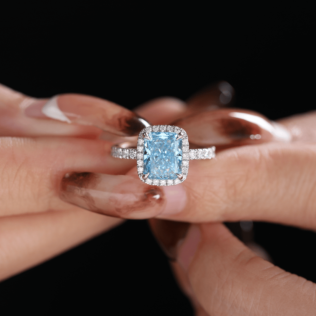 Radiant - Cut Blue Lab Diamond Ring with Round Lab Diamond Halo and 3/4 U - Shaped Pavé Band - FIORESE JEWELRY
