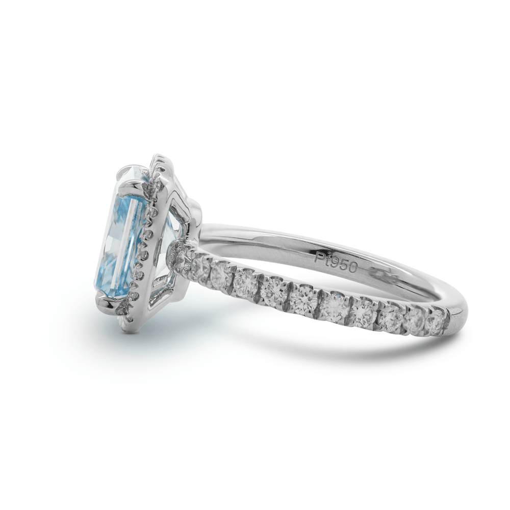 Radiant - Cut Blue Lab Diamond Ring with Round Lab Diamond Halo and 3/4 U - Shaped Pavé Band - FIORESE JEWELRY