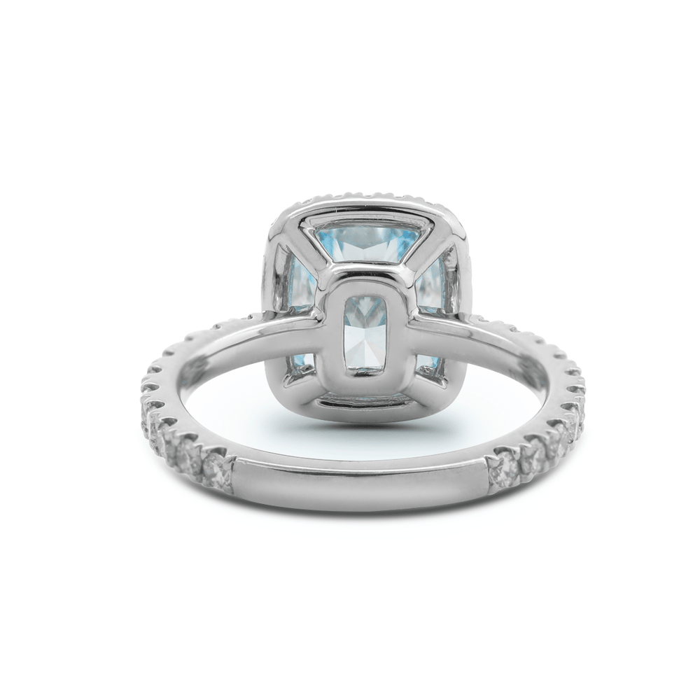 Radiant - Cut Blue Lab Diamond Ring with Round Lab Diamond Halo and 3/4 U - Shaped Pavé Band - FIORESE JEWELRY