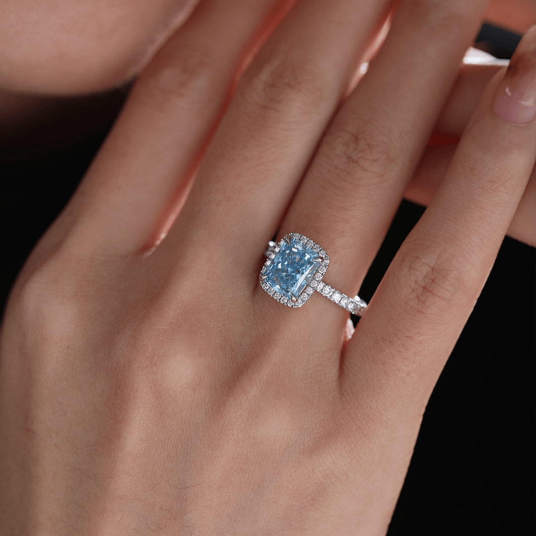 Radiant - Cut Blue Lab Diamond Ring with Round Lab Diamond Halo and 3/4 U - Shaped Pavé Band - FIORESE JEWELRY