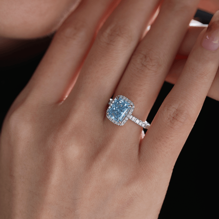 Radiant - Cut Blue Lab Diamond Ring with Round Lab Diamond Halo and 3/4 U - Shaped Pavé Band - FIORESE JEWELRY