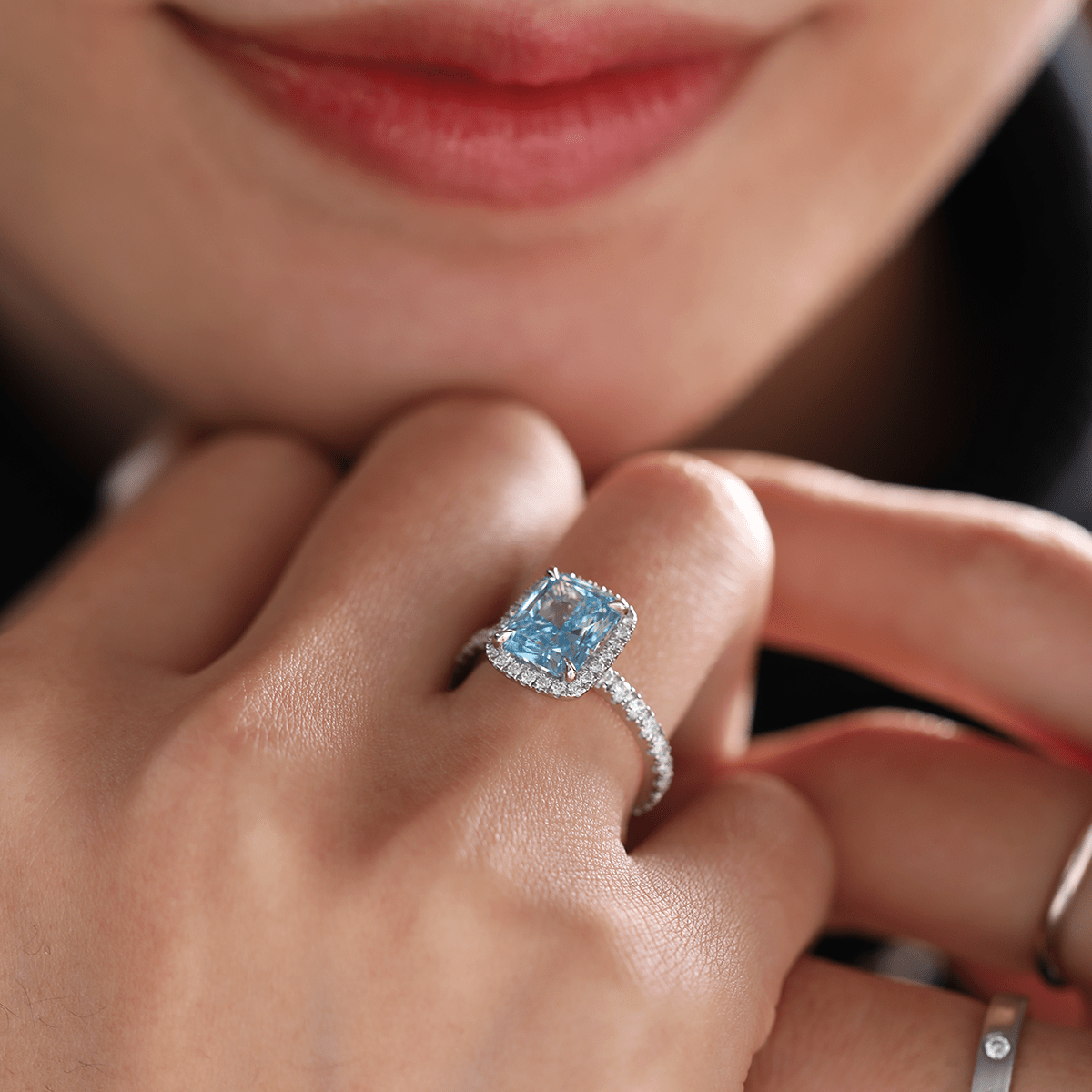 Radiant - Cut Blue Lab Diamond Ring with Round Lab Diamond Halo and 3/4 U - Shaped Pavé Band - FIORESE JEWELRY