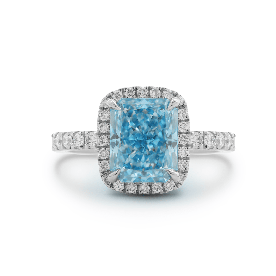 Radiant - Cut Blue Lab Diamond Ring with Round Lab Diamond Halo and 3/4 U - Shaped Pavé Band - FIORESE JEWELRY