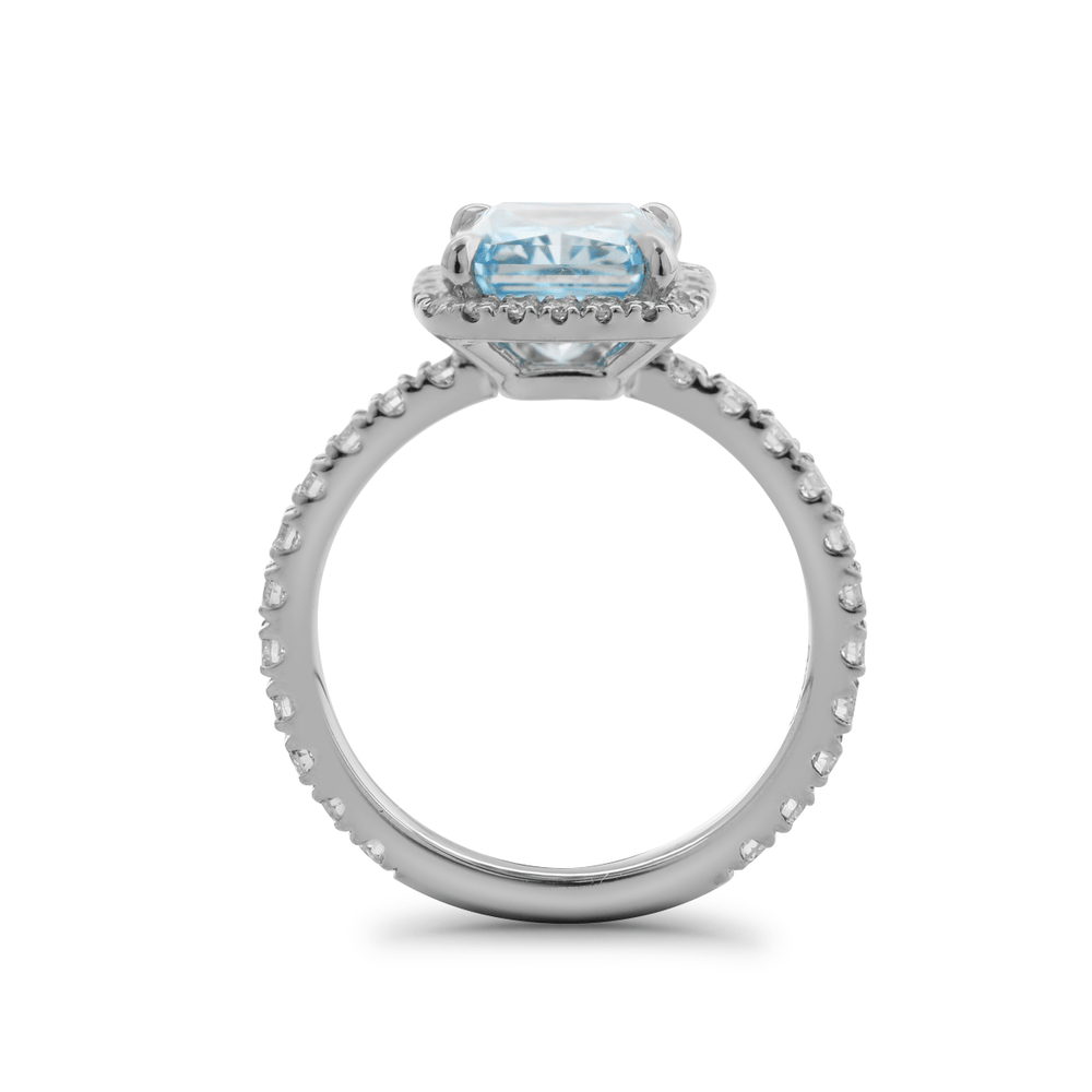 Radiant - Cut Blue Lab Diamond Ring with Round Lab Diamond Halo and 3/4 U - Shaped Pavé Band - FIORESE JEWELRY