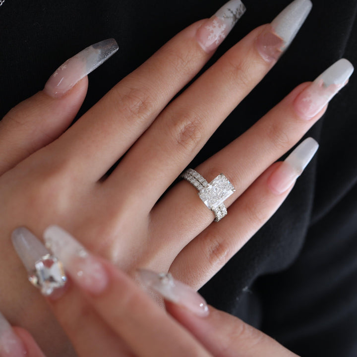 Radiant Cut Lab Diamond 4 - Claw U - Shaped Pavé Bridal Set — Engagement Ring with Eternity Band - FIORESE JEWELRY