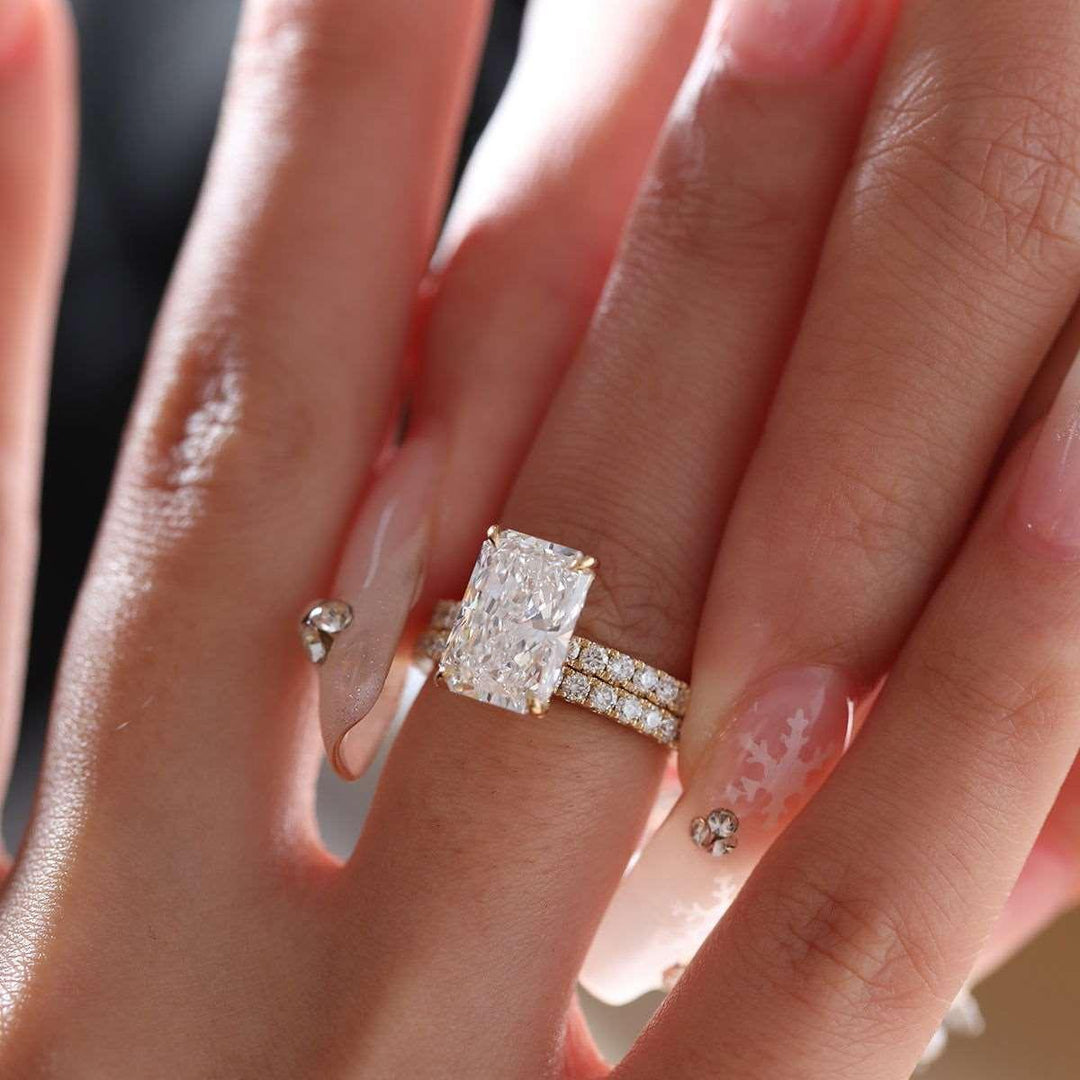 Radiant Cut Lab Diamond 4 - Claw U - Shaped Pavé Bridal Set — Engagement Ring with Eternity Band - FIORESE JEWELRY