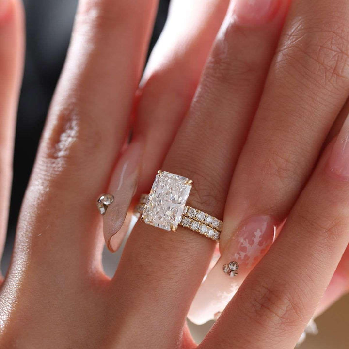 Radiant Cut Lab Diamond 4 - Claw U - Shaped Pavé Bridal Set — Engagement Ring with Eternity Band - FIORESE JEWELRY
