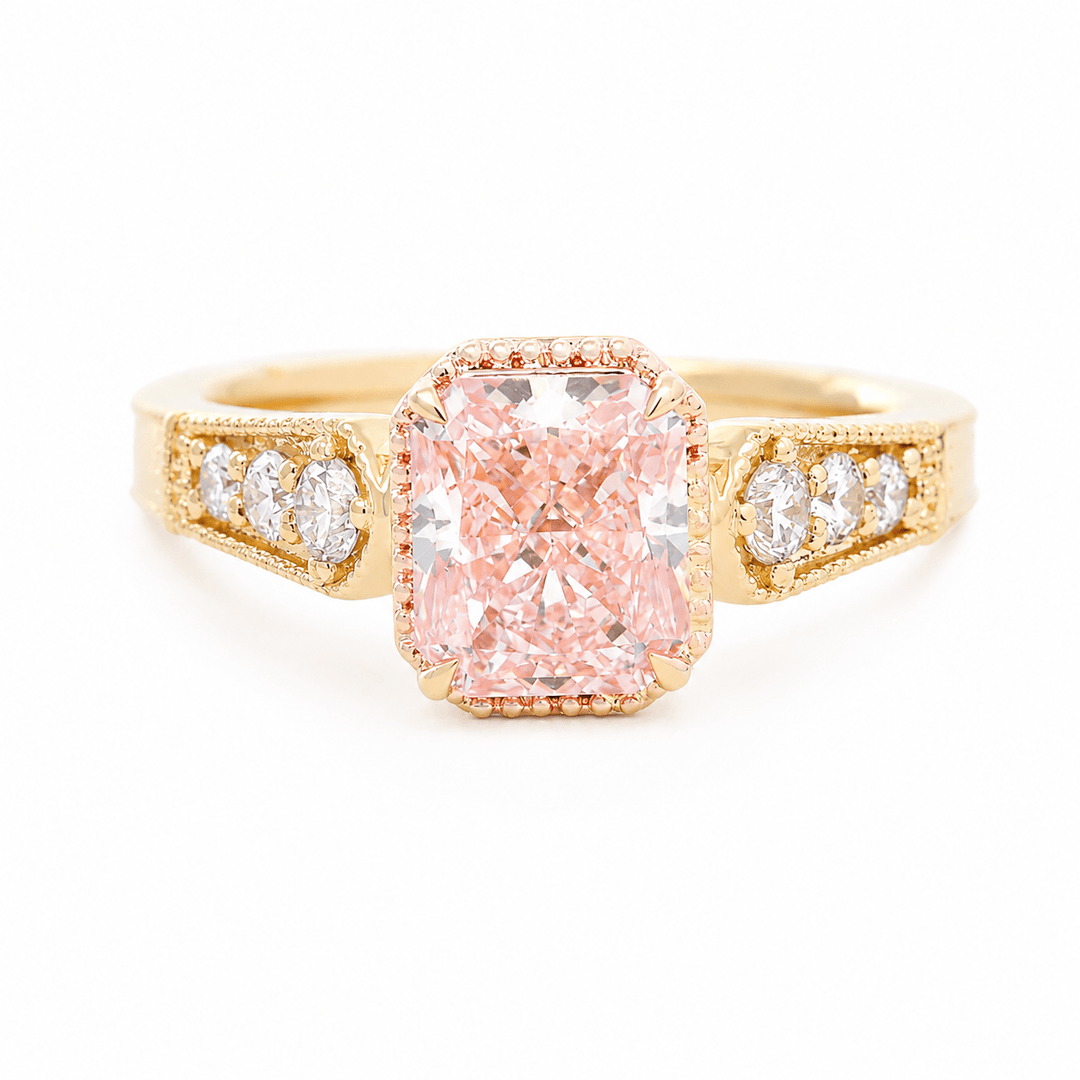 Radiant - Cut Pink Lab Diamond Vintage Cathedral Ring with Millegrain Basket - FIORESE JEWELRY