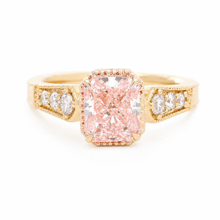 Radiant - Cut Pink Lab Diamond Vintage Cathedral Ring with Millegrain Basket - FIORESE JEWELRY