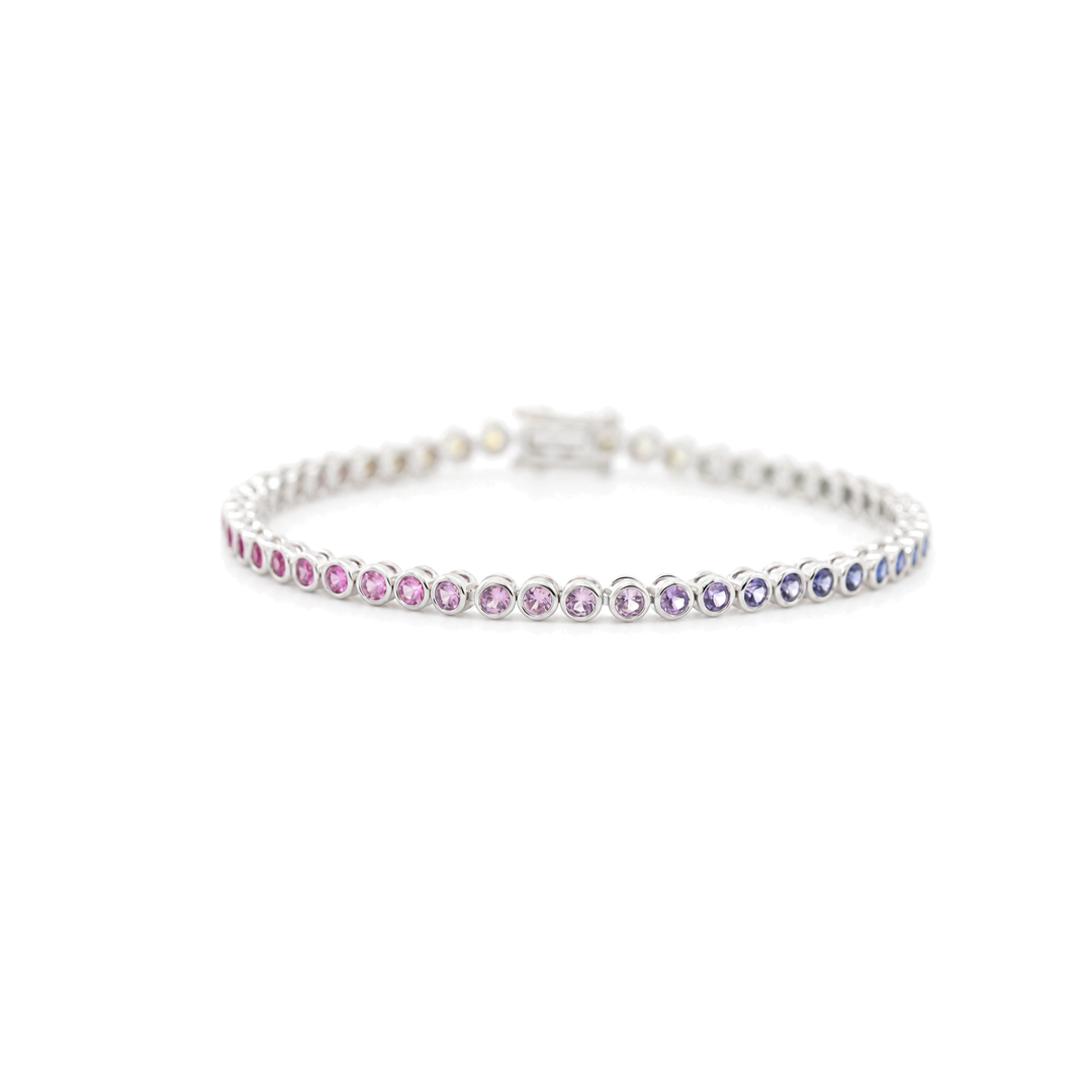 Ready to Ship 10K White Gold 2.2mm Fancy-Color Round Gemstone Bezel Basket Tennis Bracelet