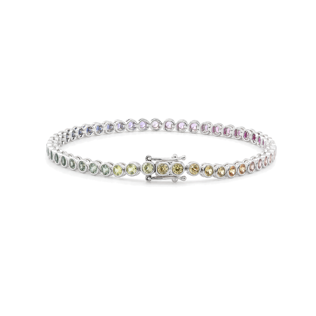 Ready to Ship 10K White Gold 2.2mm Fancy-Color Round Gemstone Bezel Basket Tennis Bracelet