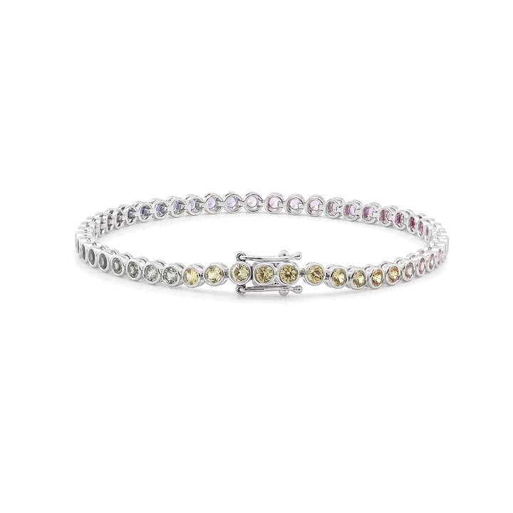 Ready to Ship 10K White Gold 2.2mm Fancy-Color Round Gemstone Bezel Basket Tennis Bracelet - FIORESE JEWELRY