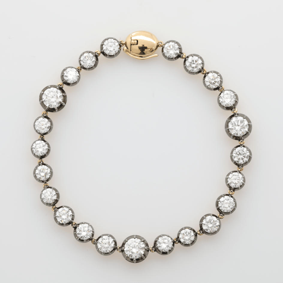 Ready to Ship 14K Yellow Gold Round Lab Diamond Bezel Graduated Station Bracelet with Black Rhodium Plated Bezel - FIORESE JEWELRY