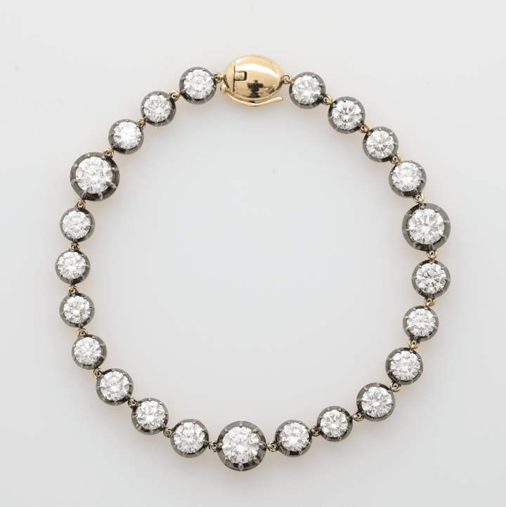 Ready to Ship 14K Yellow Gold Round Lab Diamond Bezel Graduated Station Bracelet with Black Rhodium Plated Bezel - FIORESE JEWELRY