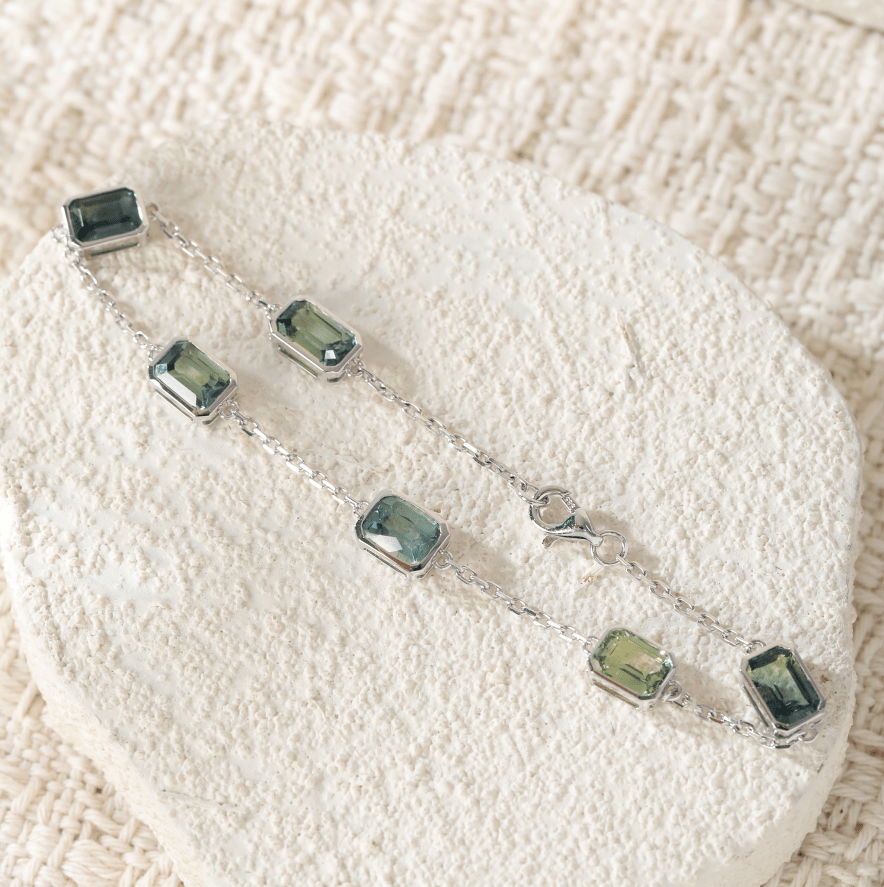Ready to Ship Emerald - Cut Natural Green Sapphire Station Bracelet with Bezel Basket Settings - FIORESE JEWELRY