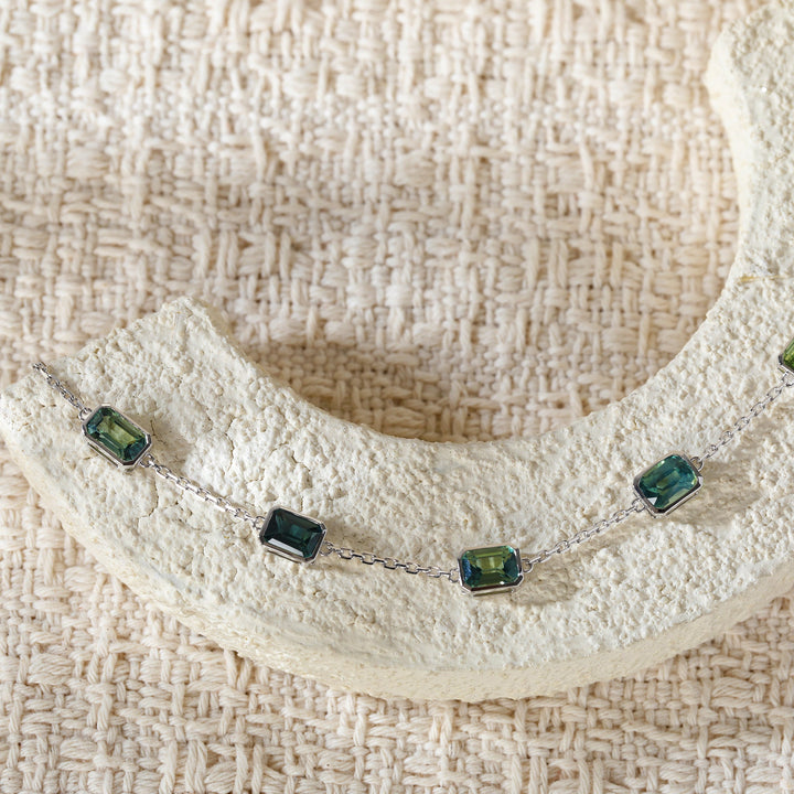 Ready to Ship Emerald - Cut Natural Green Sapphire Station Bracelet with Bezel Basket Settings - FIORESE JEWELRY