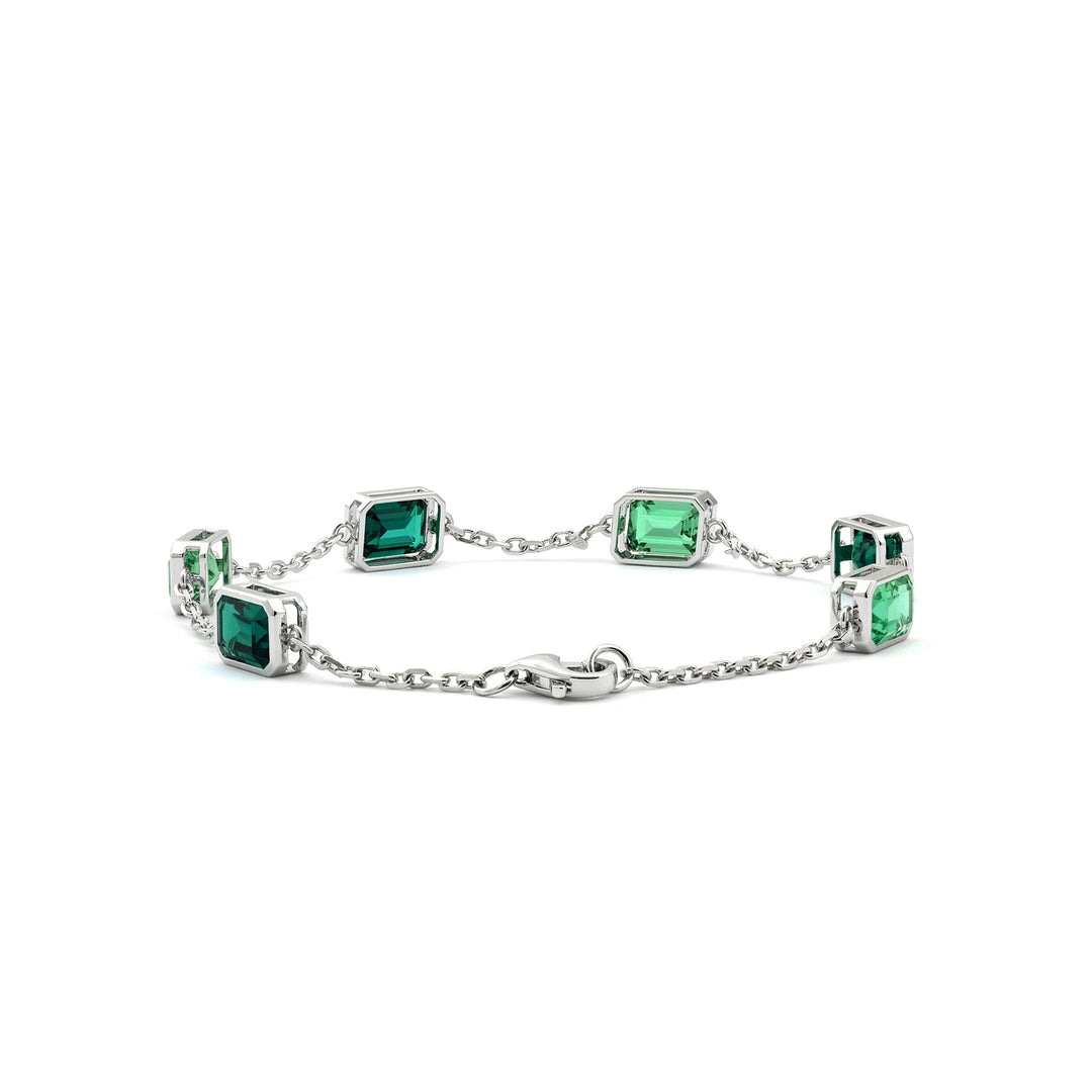 Ready to Ship Emerald - Cut Natural Green Sapphire Station Bracelet with Bezel Basket Settings - FIORESE JEWELRY