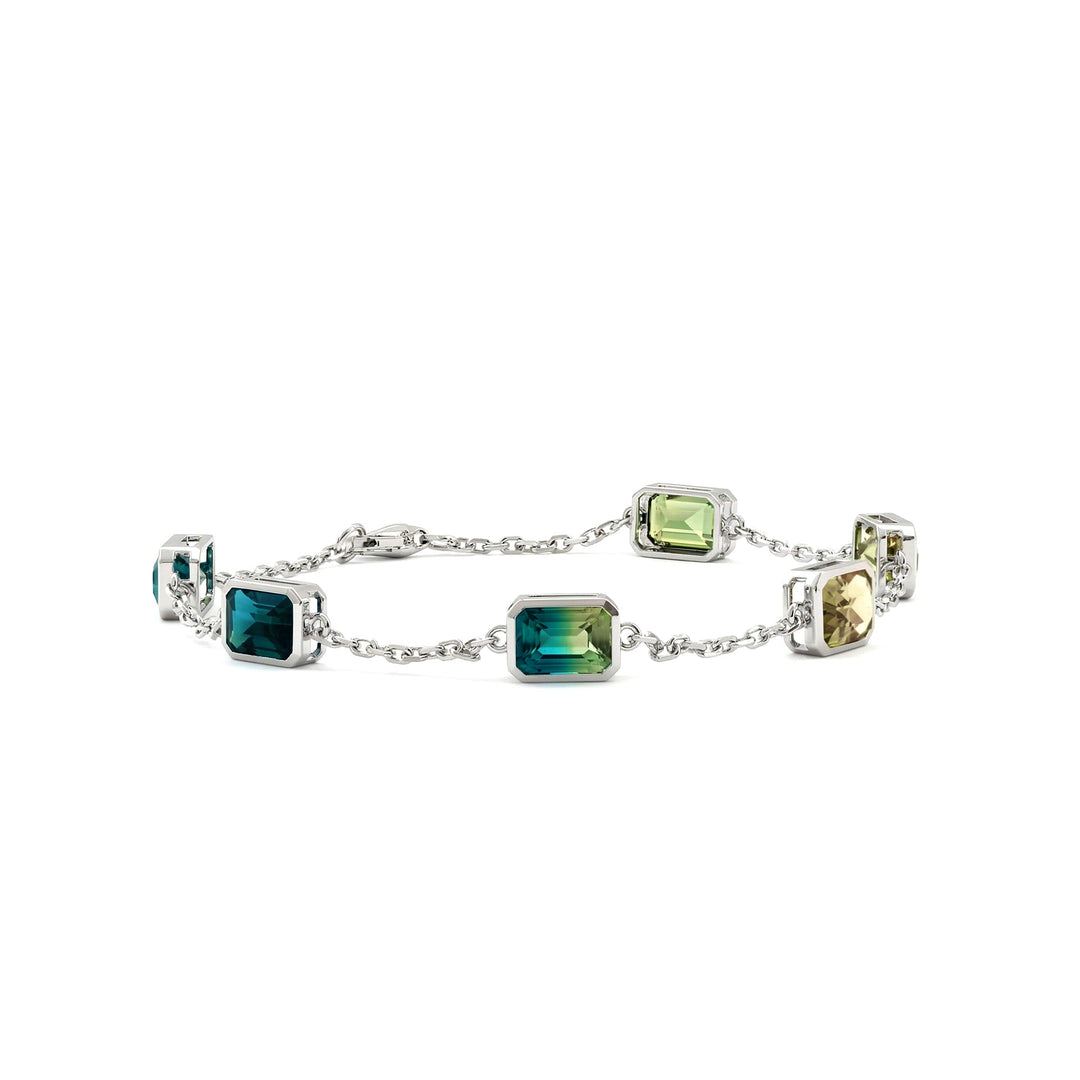 Ready to Ship Emerald - Cut Natural Green Sapphire Station Bracelet with Bezel Basket Settings - FIORESE JEWELRY