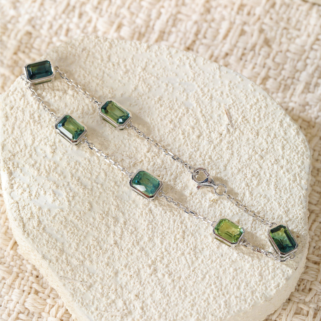 Ready to Ship Emerald - Cut Natural Green Sapphire Station Bracelet with Bezel Basket Settings - FIORESE JEWELRY