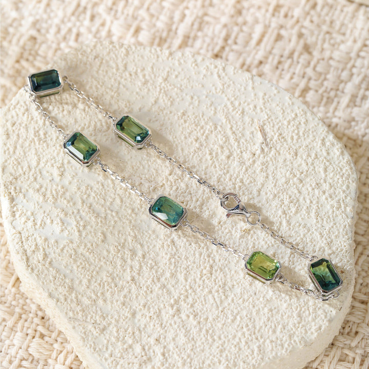 Ready to Ship Emerald - Cut Natural Green Sapphire Station Bracelet with Bezel Basket Settings - FIORESE JEWELRY
