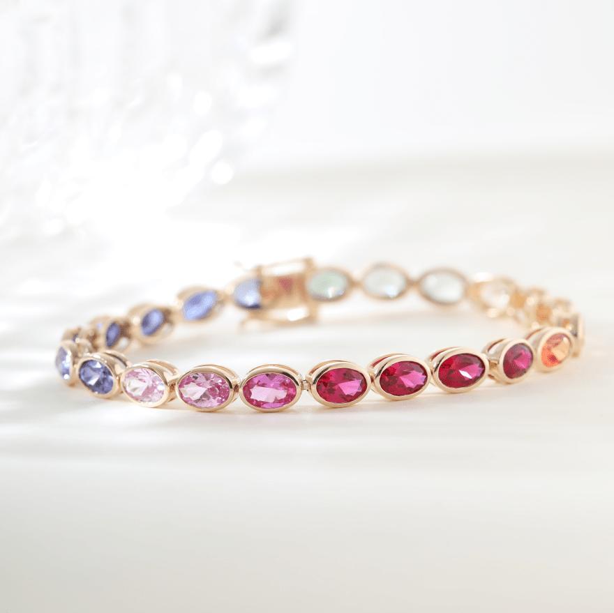 Ready to Ship Fancy - Color Oval Gemstone Bezel Tennis Bracelet - FIORESE JEWELRY