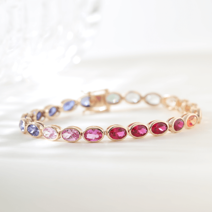 Ready to Ship Fancy - Color Oval Gemstone Bezel Tennis Bracelet - FIORESE JEWELRY