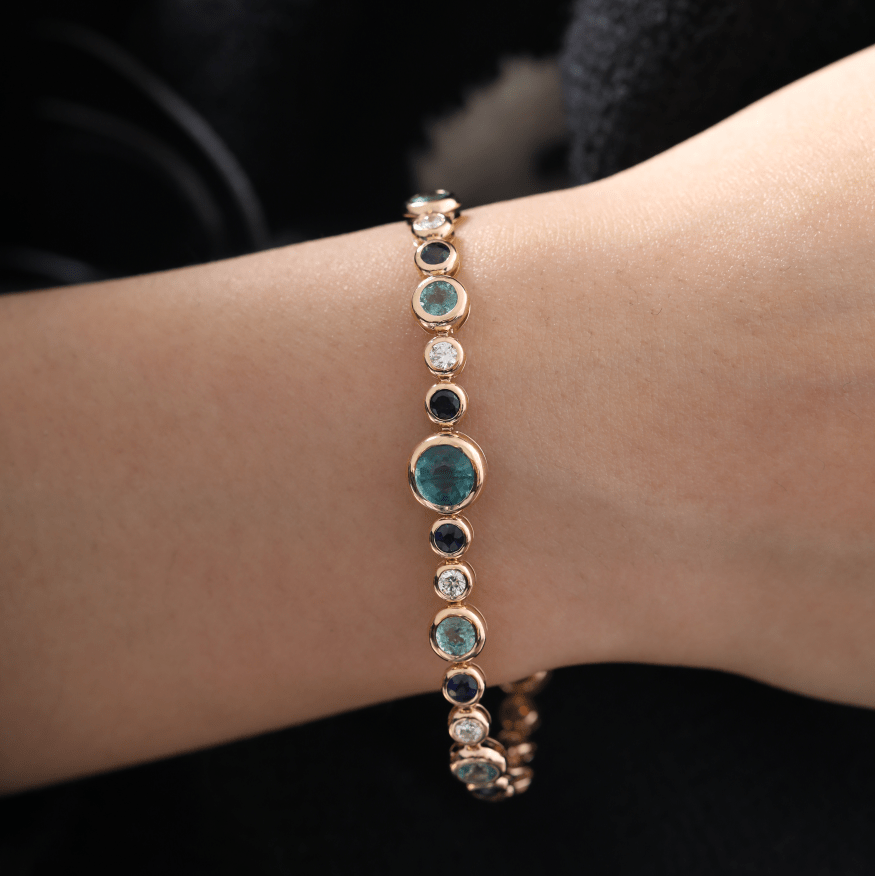 Ready to Ship Fancy - Color Round Gemstone Bezel Bracelet with Graduated Sizes and Dreamy Bubble - Inspired Design - FIORESE JEWELRY