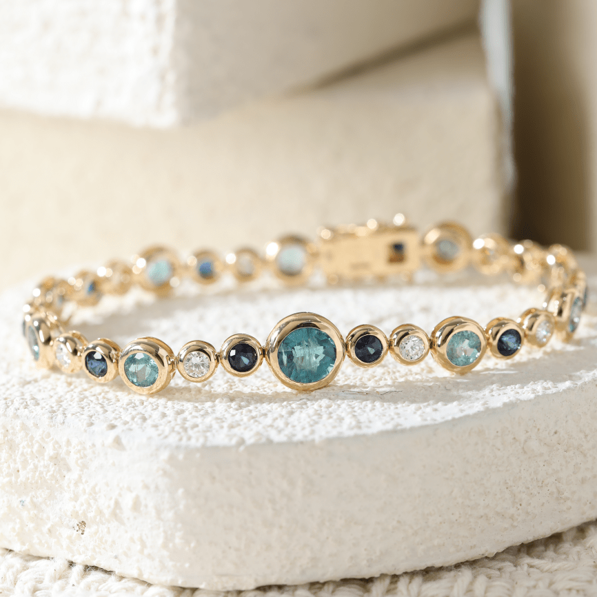 Ready to Ship Fancy - Color Round Gemstone Bezel Bracelet with Graduated Sizes and Dreamy Bubble - Inspired Design - FIORESE JEWELRY