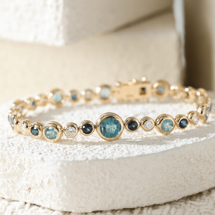 Ready to Ship Fancy - Color Round Gemstone Bezel Bracelet with Graduated Sizes and Dreamy Bubble - Inspired Design - FIORESE JEWELRY