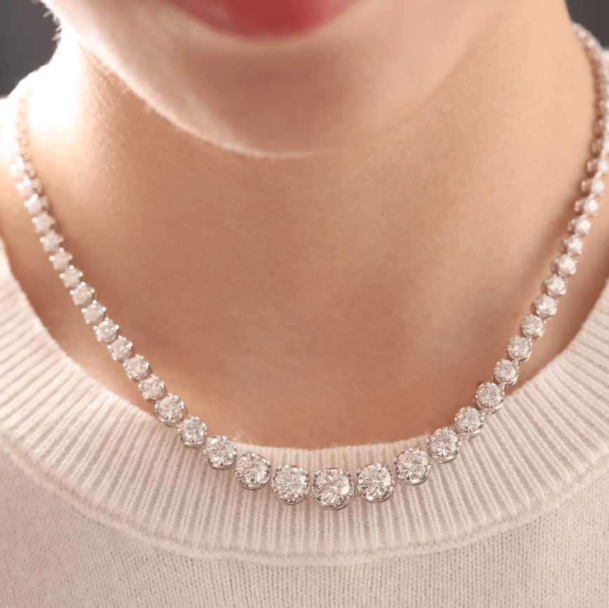 Ready to Ship Graduated Round Brilliant Lab Diamond 4 Claw Prong Crown Setting Tennis Necklace - FIORESE JEWELRY