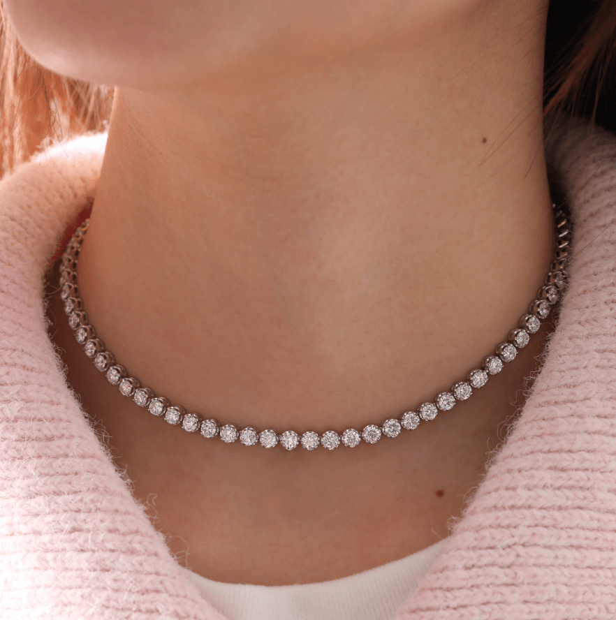 Ready to Ship Round Lab Diamond 4 Claw Prong Basket Crown Setting Tennis Necklace - FIORESE JEWELRY