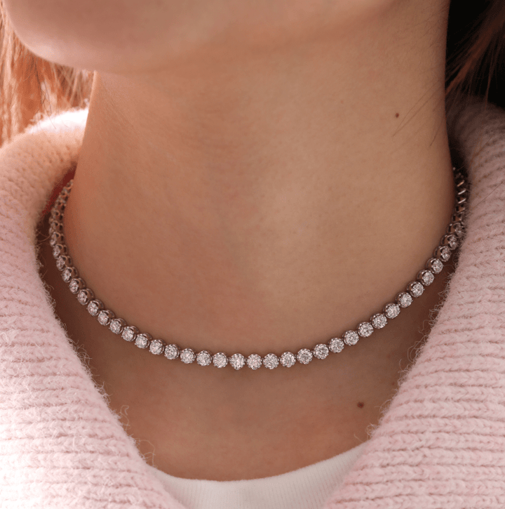 Ready to Ship Round Lab Diamond 4 Claw Prong Basket Crown Setting Tennis Necklace - FIORESE JEWELRY