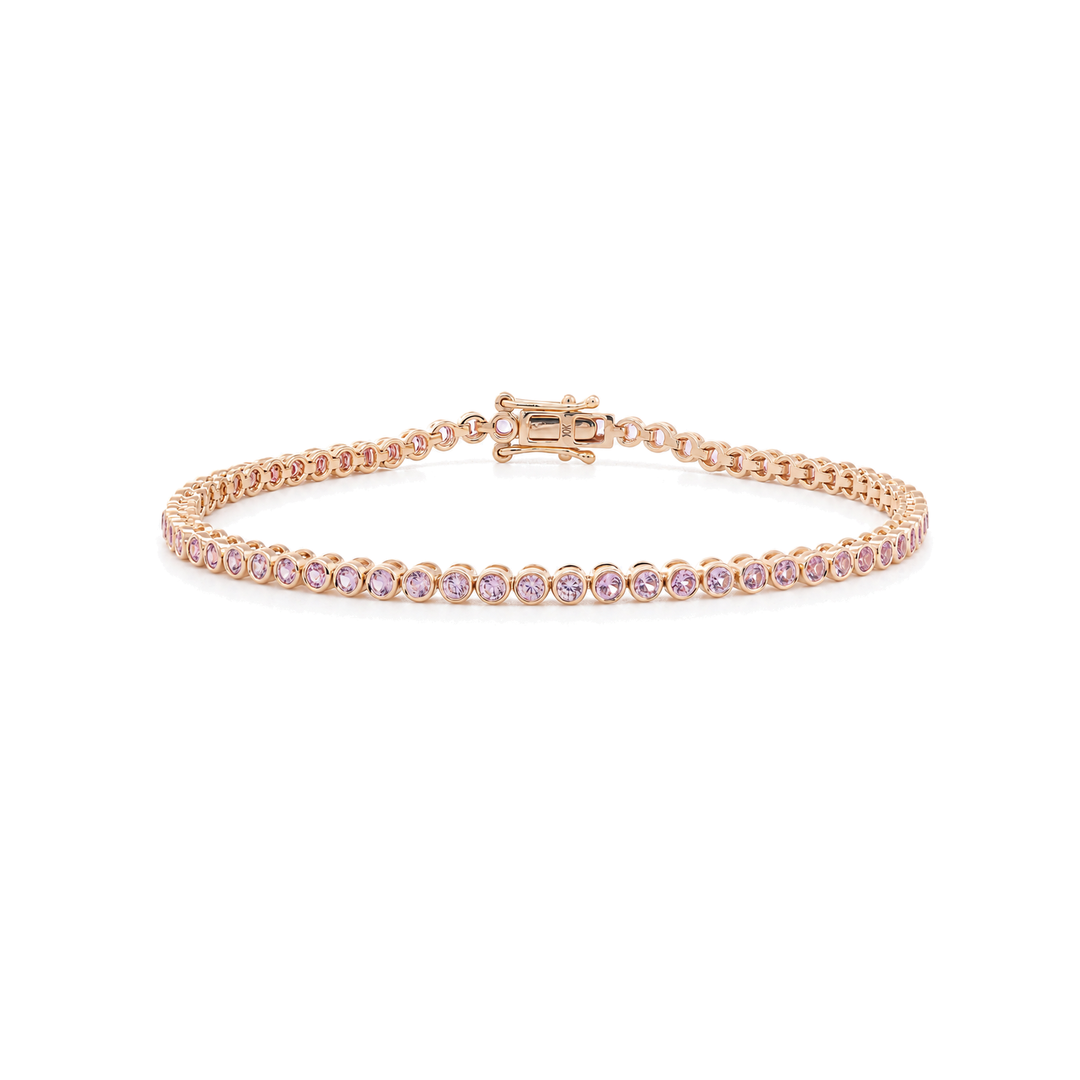 Ready to Ship 10K Yellow Gold 1.8mm Sakura Pink Round Gemstone Bezel Basket Tennis Bracelet