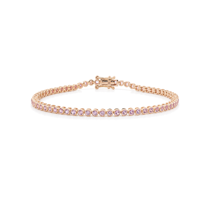 Ready to Ship 10K Yellow Gold 1.8mm Sakura Pink Round Gemstone Bezel Basket Tennis Bracelet