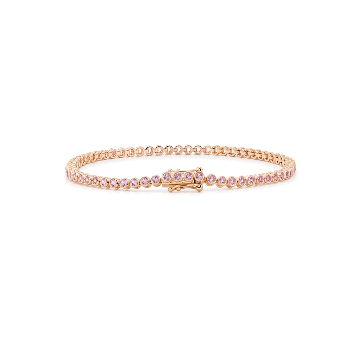 Ready to Ship 10K Yellow Gold 1.8mm Sakura Pink Round Gemstone Bezel Basket Tennis Bracelet