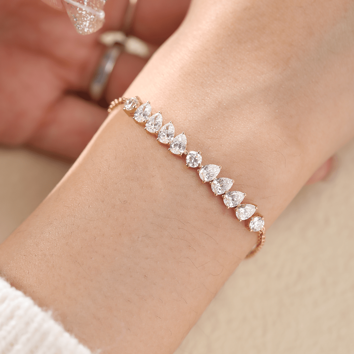 Round and Pear - Shaped Lab Diamond Chain Bracelet in Prong Basket Setting - FIORESE JEWELRY