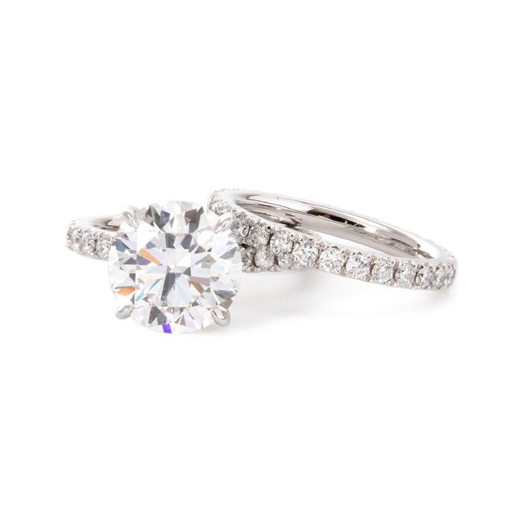 Round Brilliant Cut Lab Diamond 4 - Claw Hidden Halo Bridal Set – Engagement Ring with French Pavé Band - FIORESE JEWELRY