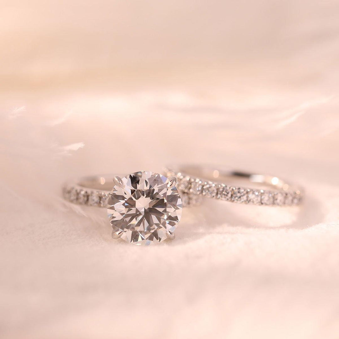 Round Brilliant Cut Lab Diamond 4 - Claw Hidden Halo Bridal Set – Engagement Ring with French Pavé Band - FIORESE JEWELRY