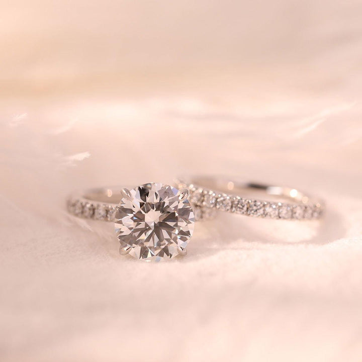 Round Brilliant Cut Lab Diamond 4 - Claw Hidden Halo Bridal Set – Engagement Ring with French Pavé Band - FIORESE JEWELRY